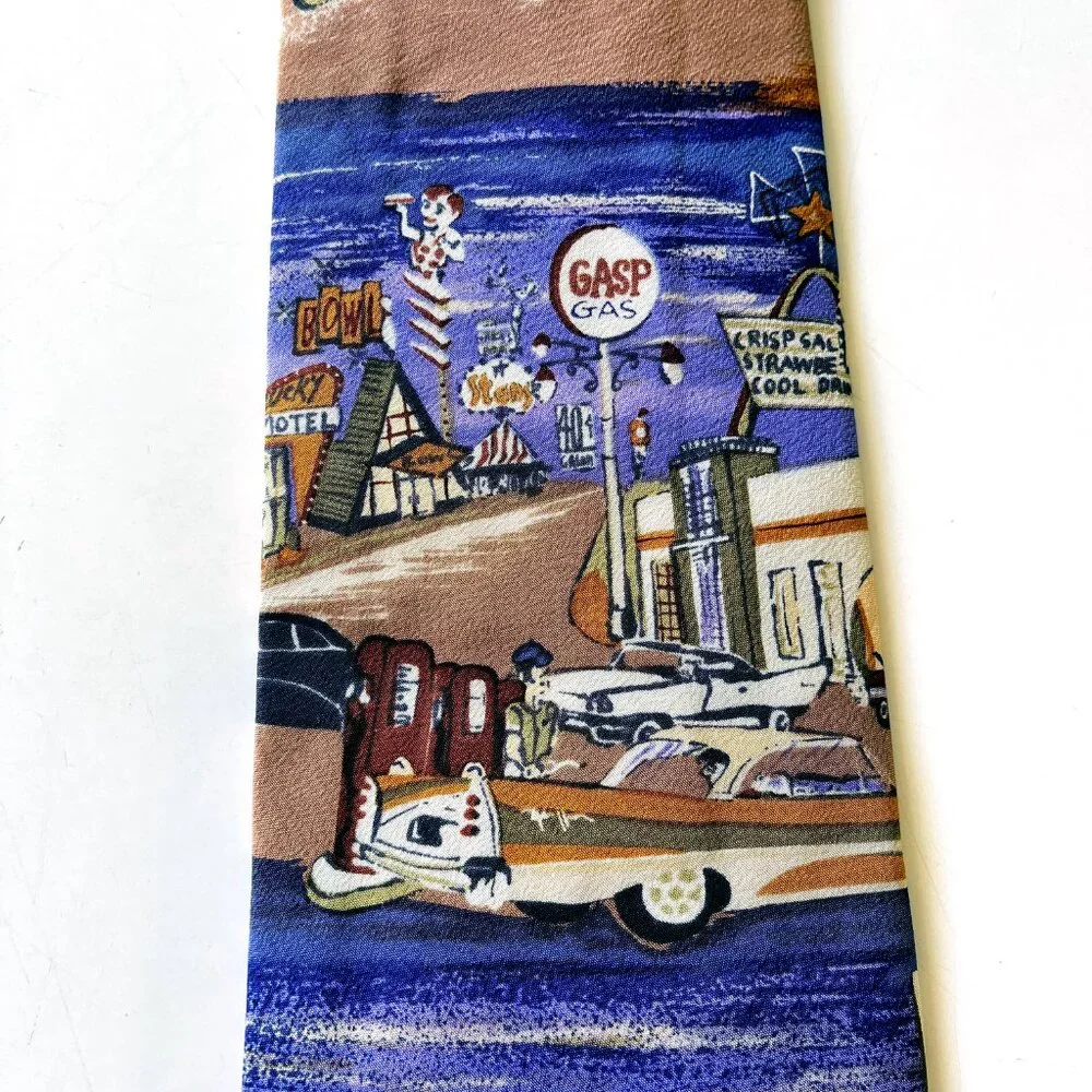 Vintage Men's John Henry 100% Silk Graphic Americana Novelty Print Necktie Tie